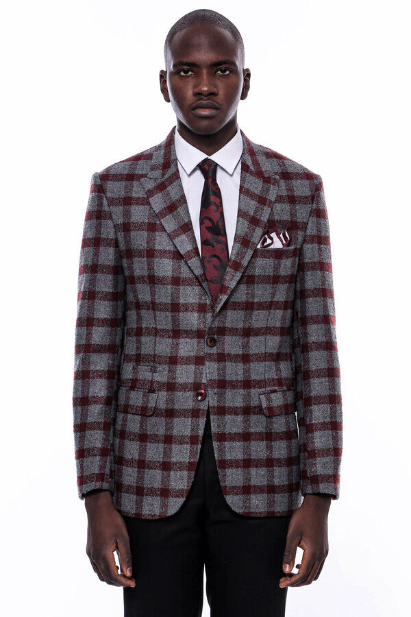 Ekose Sivri Yaka Slim Fit Bordo Erkek Ceket - Wessi