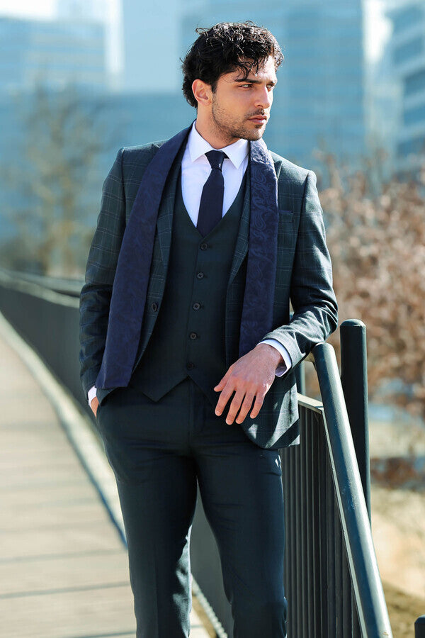 Ekose Ceketli Slim Fit Yeşil Erkek Takım Elbise - Wessi