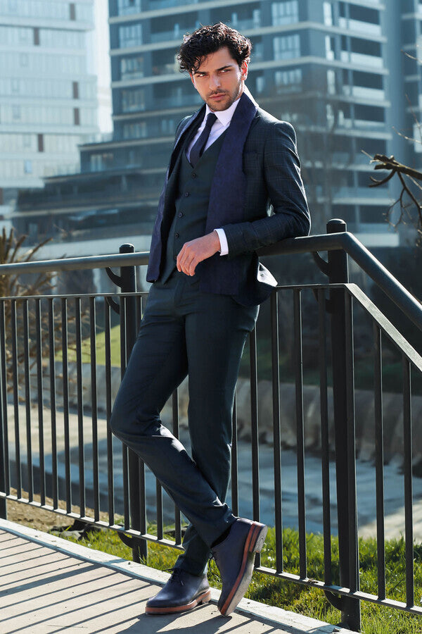 Ekose Ceketli Slim Fit Yeşil Erkek Takım Elbise - Wessi