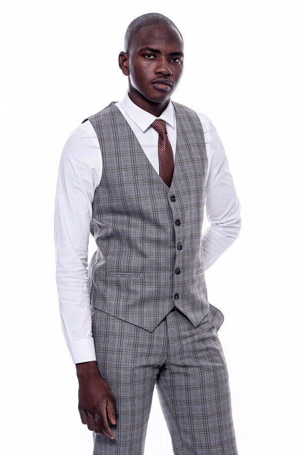 Ekose Desen Slim Fit Gri Erkek Takım Elbise - Wessi