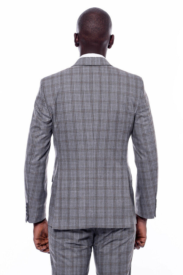 Ekose Desen Slim Fit Gri Erkek Takım Elbise - Wessi