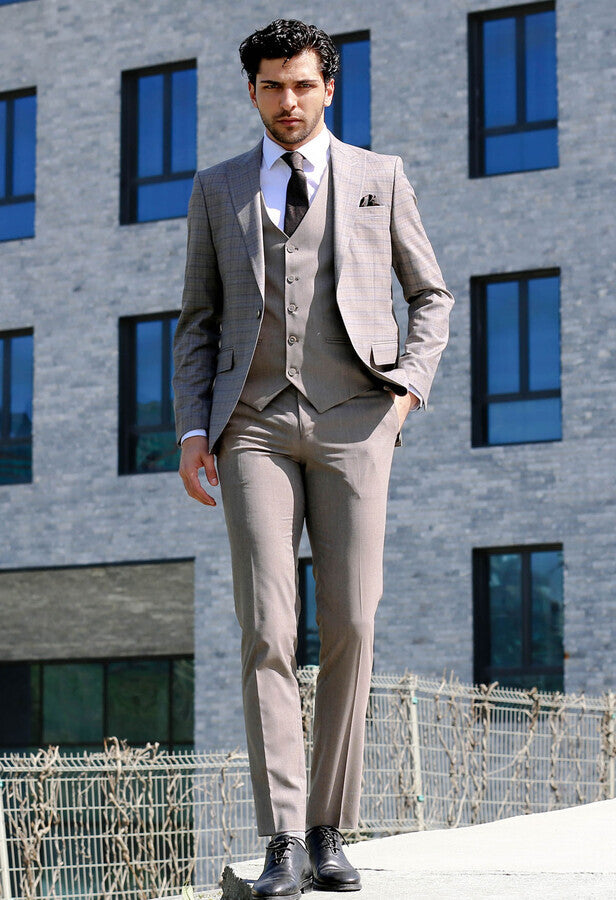Ekose Ceketli Slim Fit Gri Erkek Takım Elbise - Wessi
