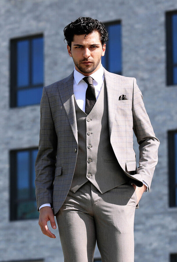 Ekose Ceketli Slim Fit Gri Erkek Takım Elbise - Wessi