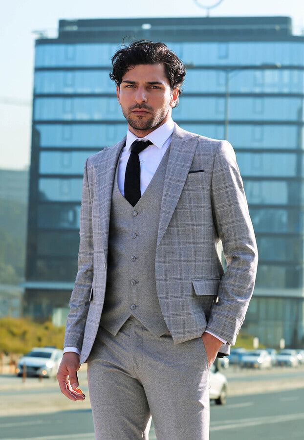 Açık Gri Ekose Ceketli Slim Fit Takım Elbise - Wessi