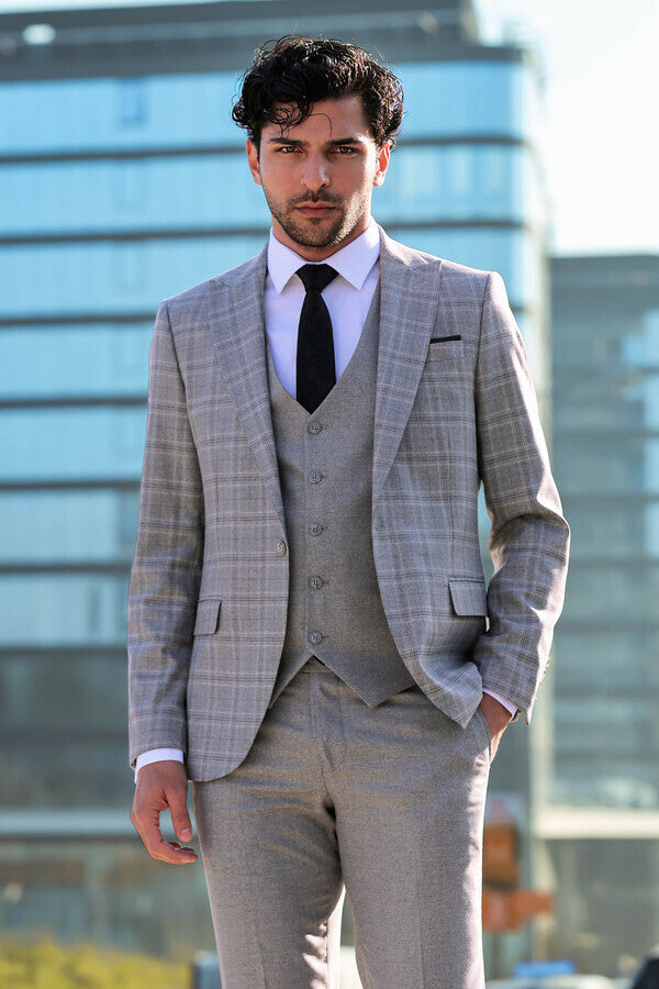 Açık Gri Ekose Ceketli Slim Fit Takım Elbise - Wessi