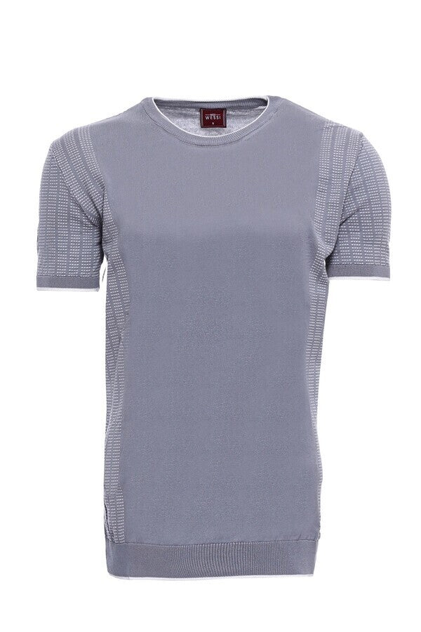 Bisiklet Yaka Kenarları Desenli Gri Örme T-shirt | Wessi
