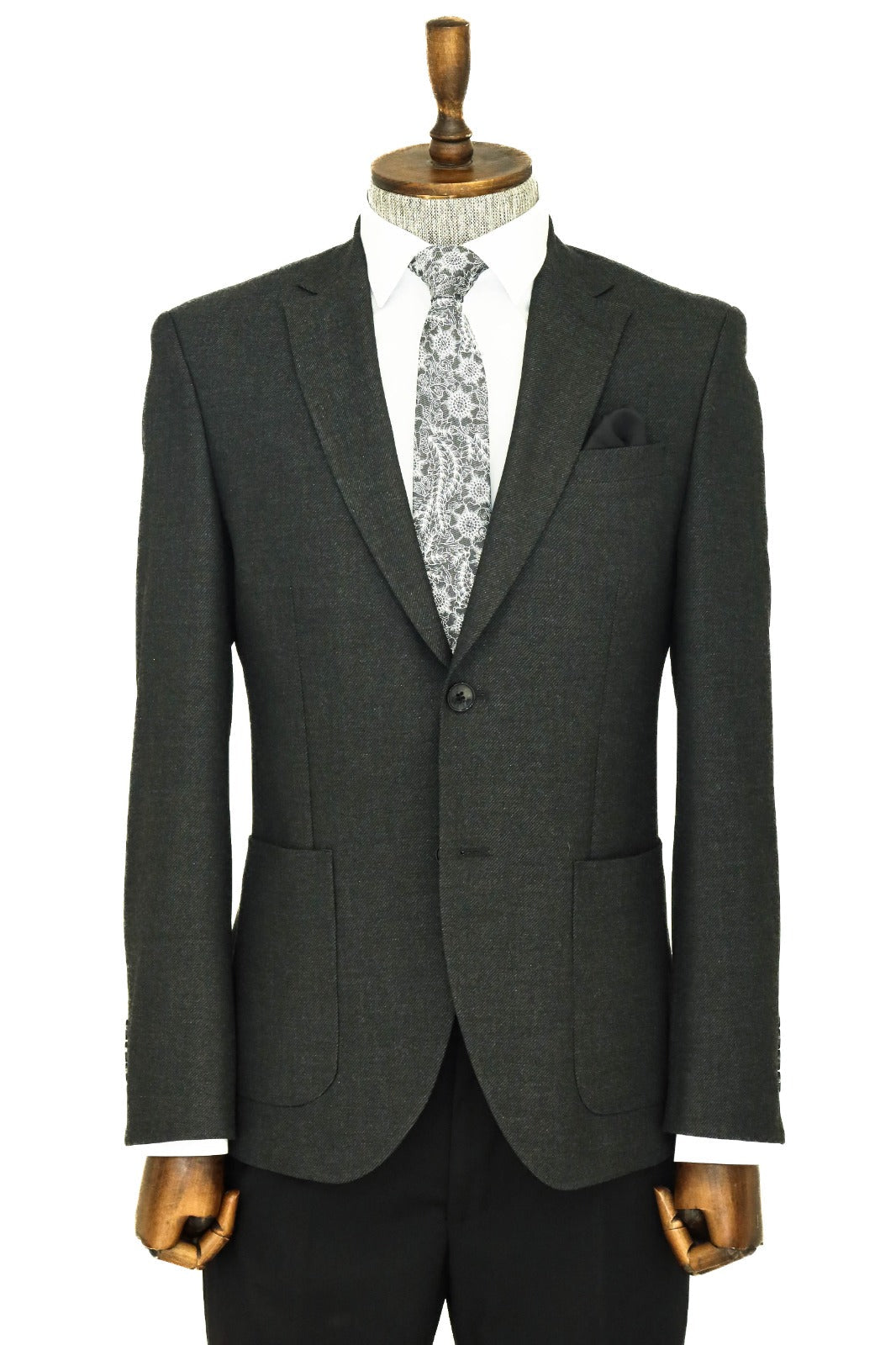 Kendinden Desenli Slim Fit Sivri Yaka Antrasit Erkek Ceket - Wessi