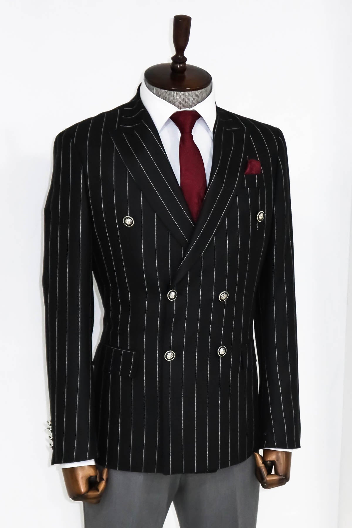Kruvaze Slim Fit Çizgili Siyah Erkek Ceket - Wessi