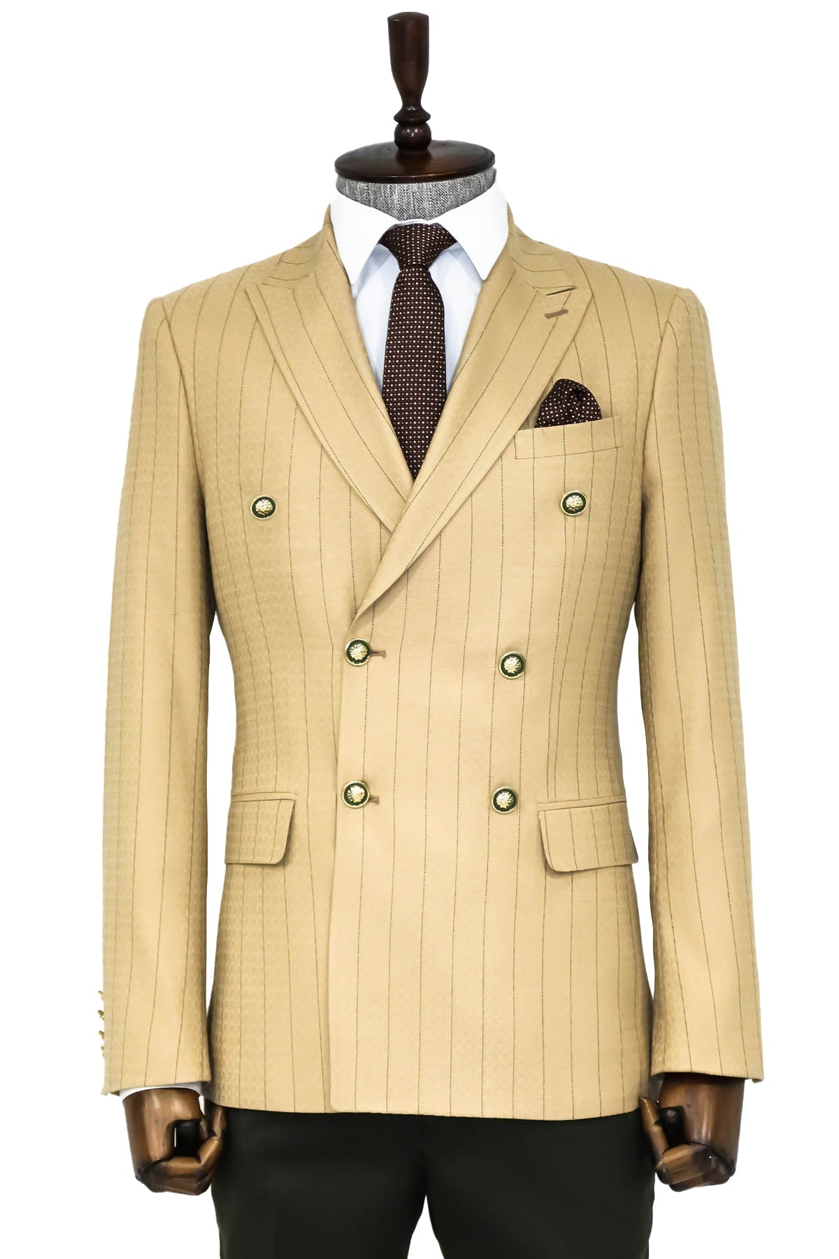 Kruvaze Slim Fit Çizgili Krem Erkek Ceket - Wessi