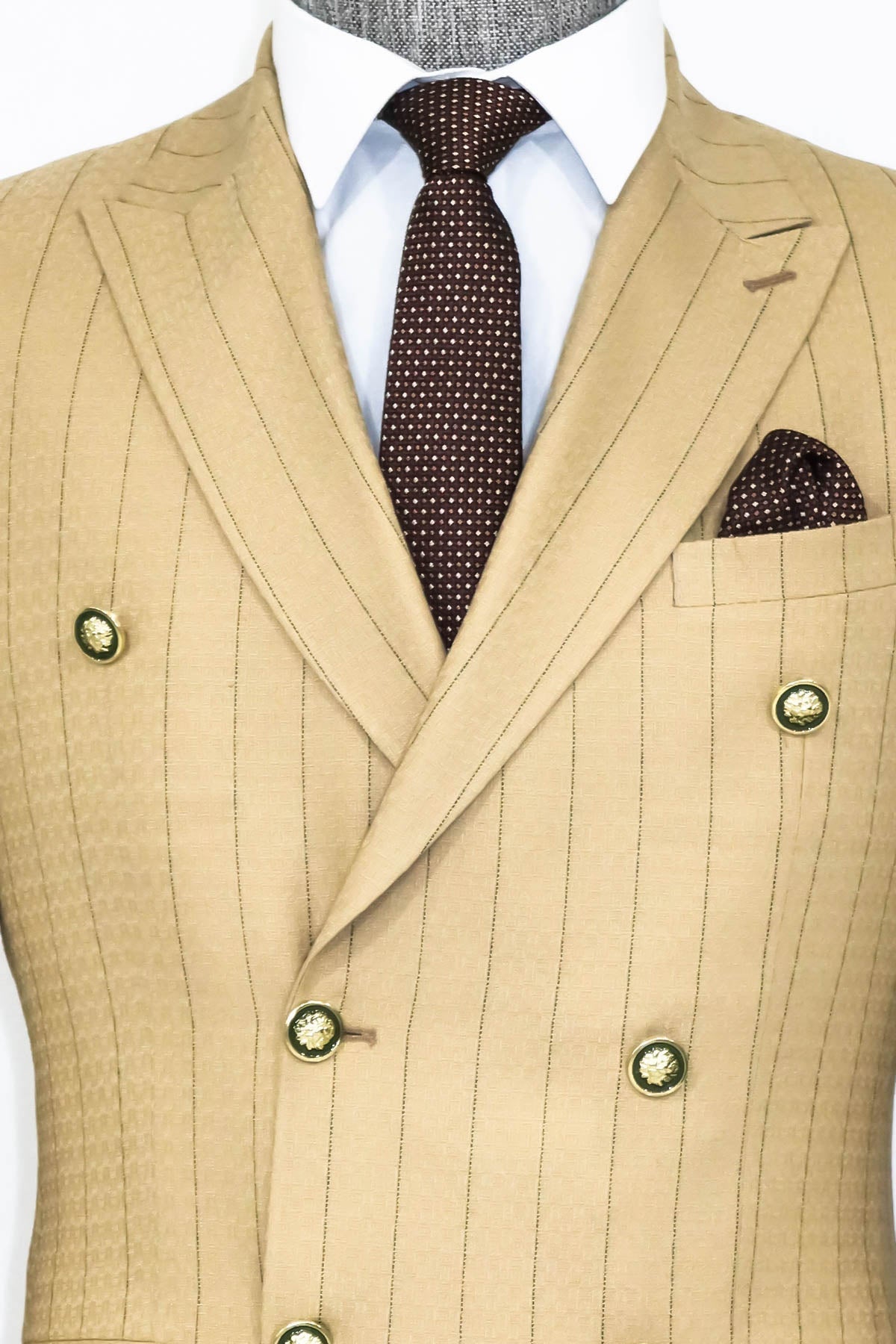 Kruvaze Slim Fit Çizgili Krem Erkek Ceket - Wessi