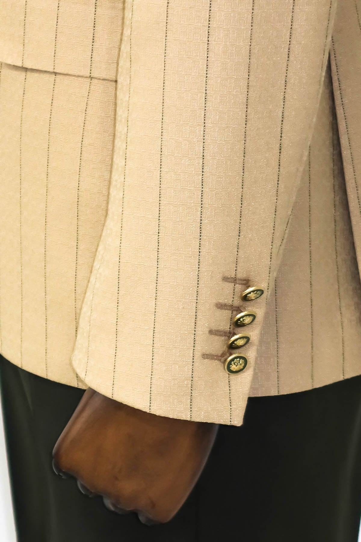 Kruvaze Slim Fit Çizgili Krem Erkek Ceket - Wessi