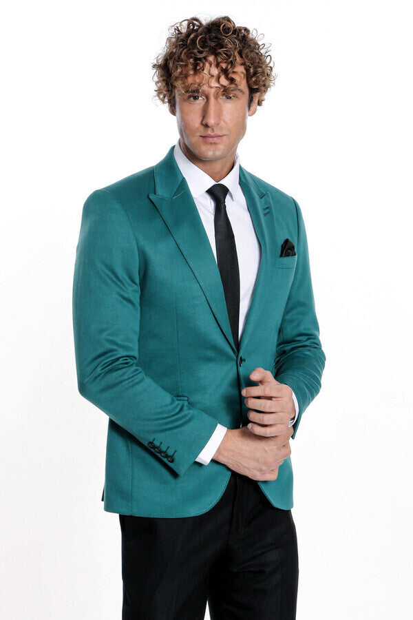 Pamuk Slim Fit Desensiz Yeşil Erkek Ceket - Wessi