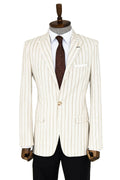 Striped Pointed Collar Beige Sports Jacket - Wessi