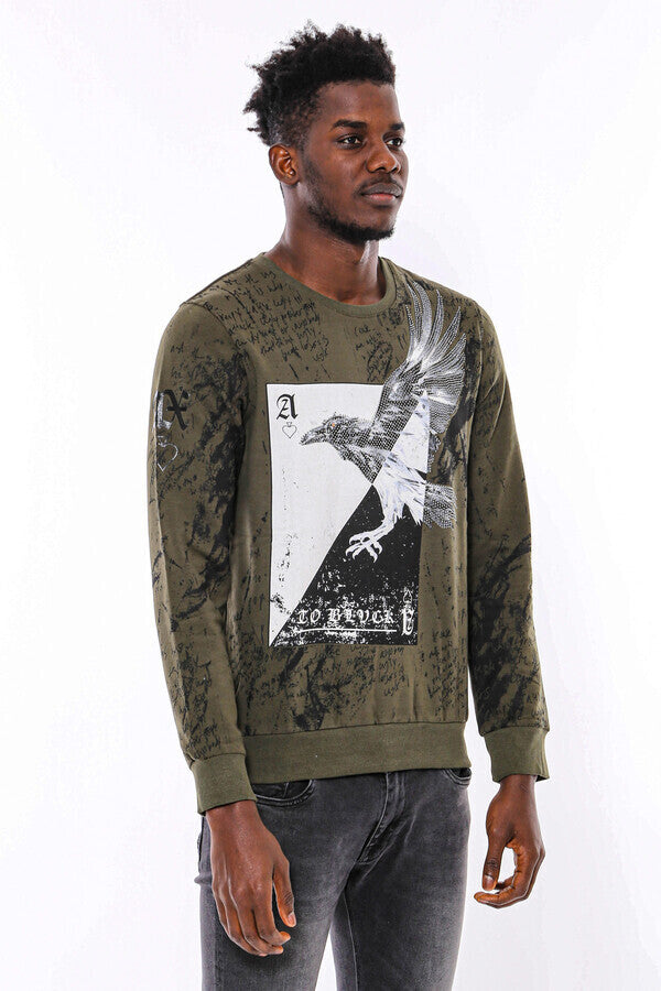 Yeşil Baskılı Taşlı Bisiklet Yaka Sweatshirt - Wessi