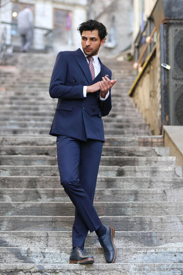 Kruvaze Slim Fit Lacivert Erkek Takım Elbise - Wessi