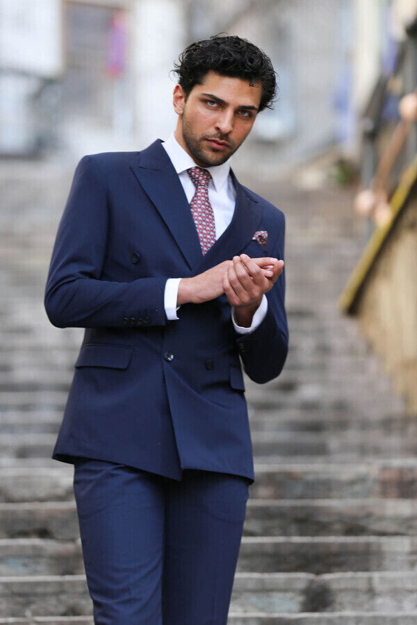Kruvaze Slim Fit Lacivert Erkek Takım Elbise - Wessi