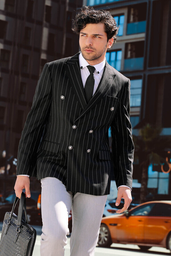 Kruvaze Slim Fit Çizgili Siyah Erkek Ceket - Wessi