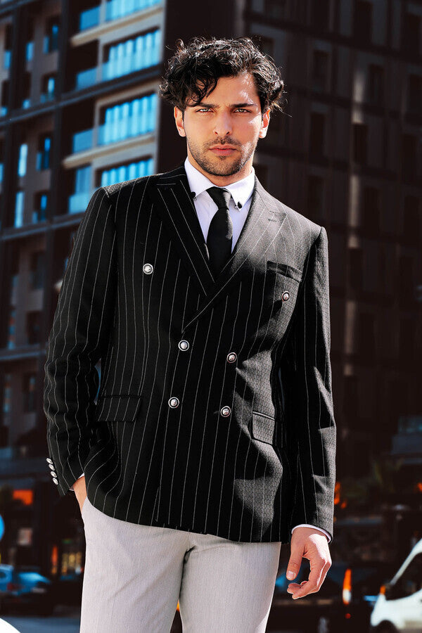 Kruvaze Slim Fit Çizgili Siyah Erkek Ceket - Wessi