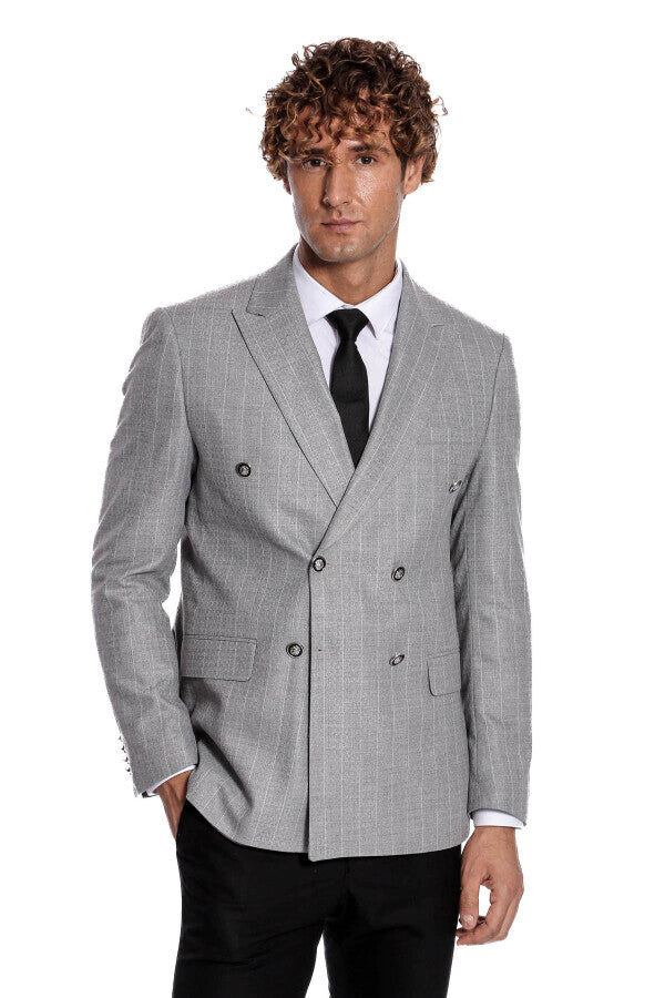 Kruvaze Slim Fit Çizgili Gri Erkek Ceket - Wessi