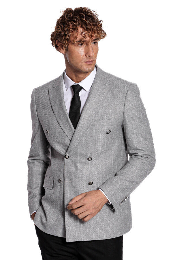 Kruvaze Slim Fit Çizgili Gri Erkek Ceket - Wessi