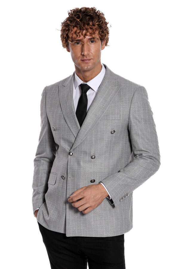 Kruvaze Slim Fit Çizgili Gri Erkek Ceket - Wessi