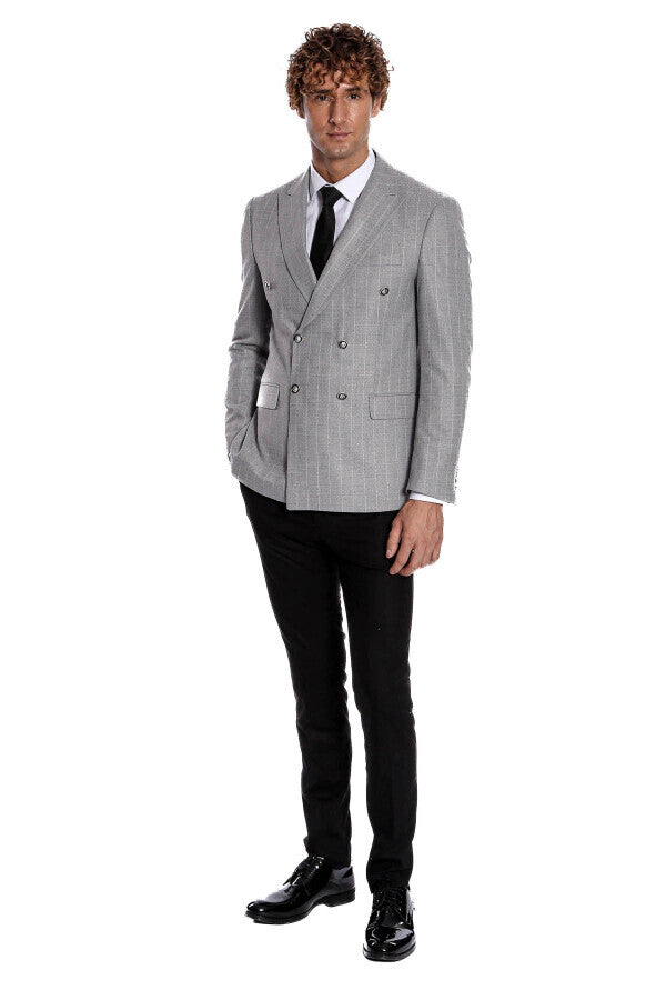 Kruvaze Slim Fit Çizgili Gri Erkek Ceket - Wessi