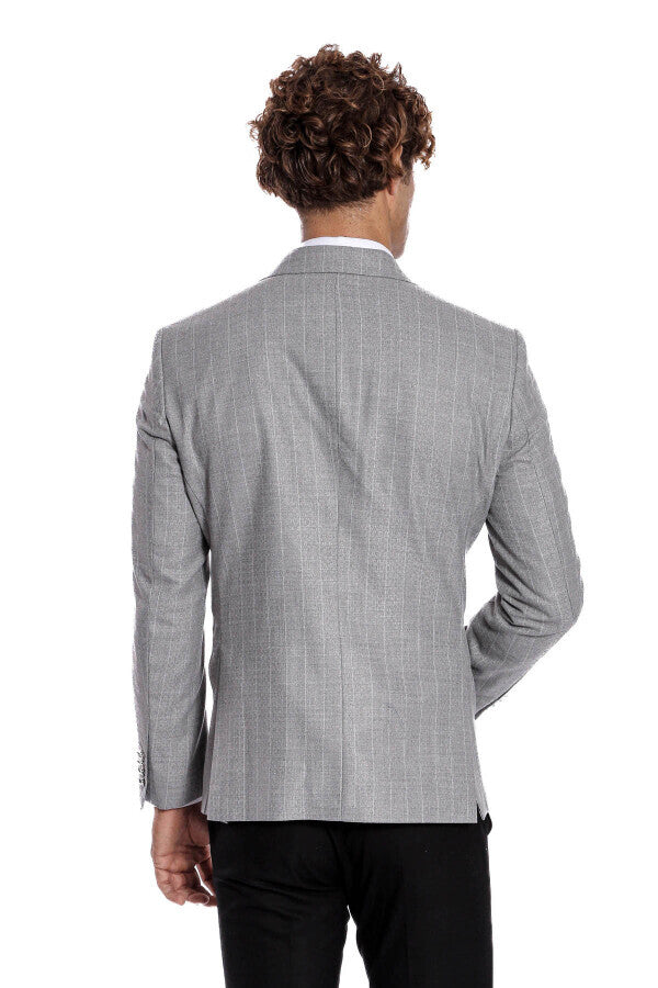 Kruvaze Slim Fit Çizgili Gri Erkek Ceket - Wessi