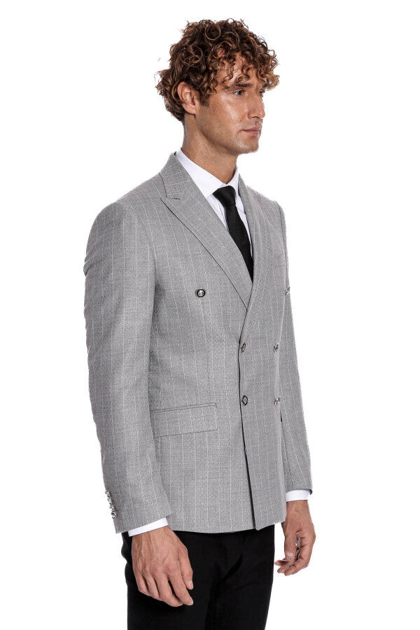 Kruvaze Slim Fit Çizgili Gri Erkek Ceket - Wessi