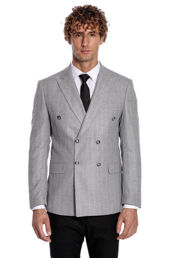 Kruvaze Slim Fit Çizgili Gri Erkek Ceket - Wessi