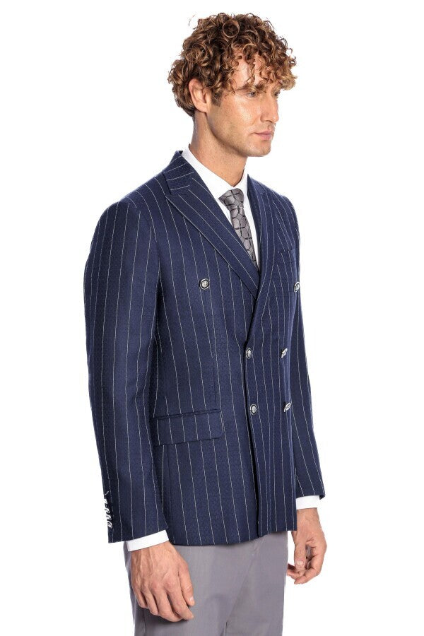 Kruvaze Slim Fit Çizgili Lacivert Erkek Ceket - Wessi