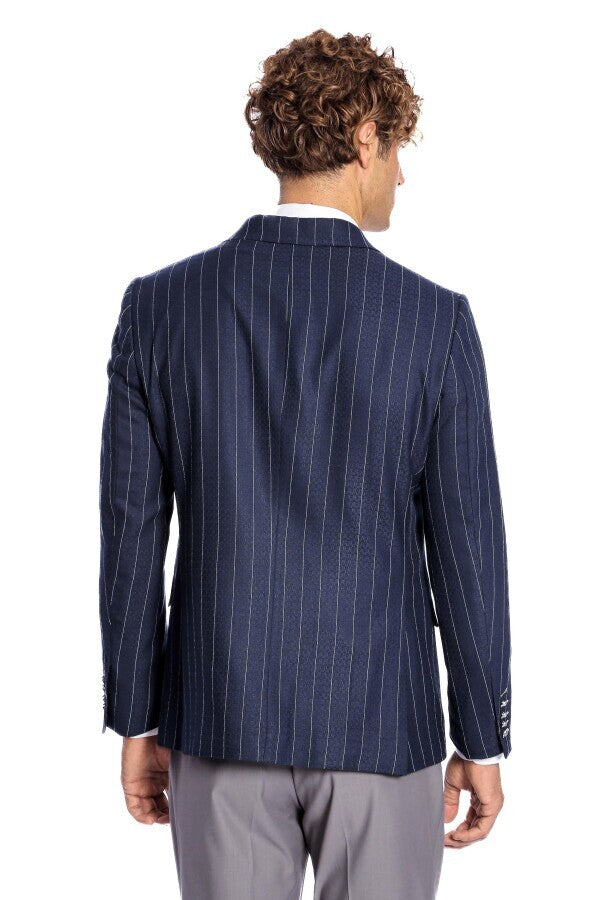 Kruvaze Slim Fit Çizgili Lacivert Erkek Ceket - Wessi