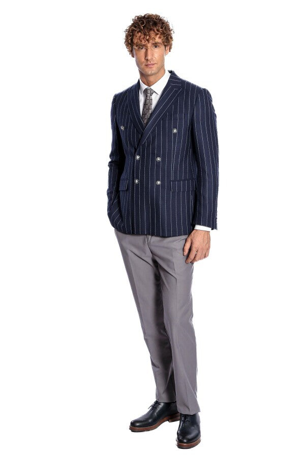 Kruvaze Slim Fit Çizgili Lacivert Erkek Ceket - Wessi