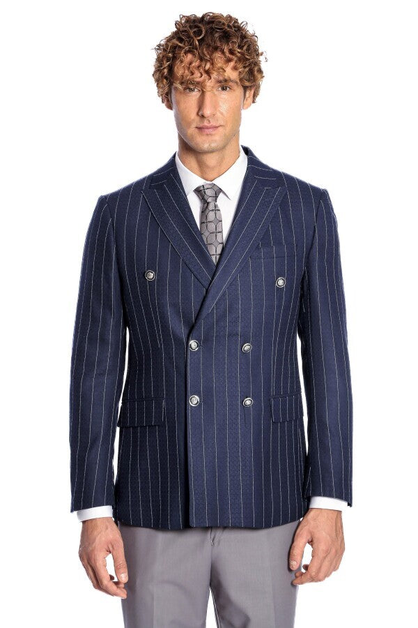Kruvaze Slim Fit Çizgili Lacivert Erkek Ceket - Wessi