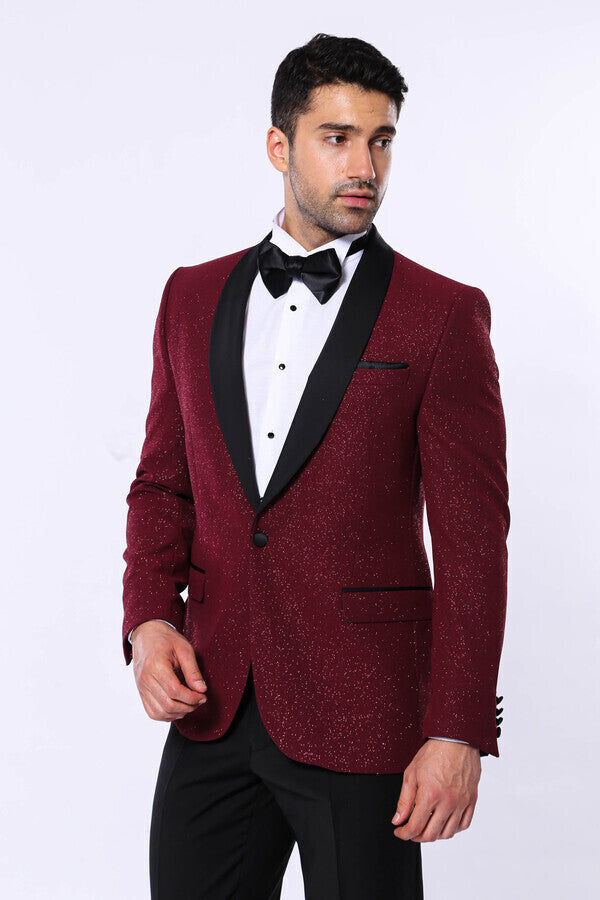 Bordo Şal Yaka Simli Smokin Ceket | Wessi