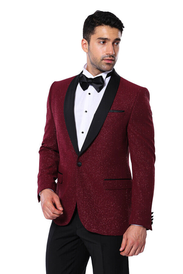 Bordo Şal Yaka Simli Smokin Ceket | Wessi