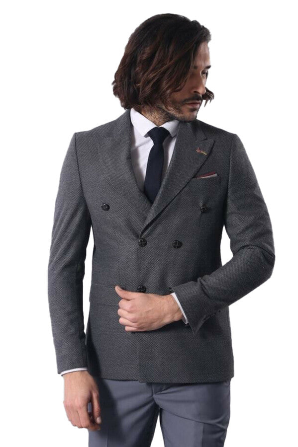 Kruvaze Slimfit Gri Ceket - Wessi