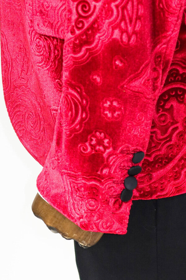 Floral Desenli Kadife Bordo Erkek Smokin Ceket - Wessi