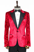 Floral Patterned Velvet Burgundy Men's Tuxedo Jacket - Wessi