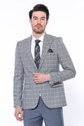 Ekose Desenli Slim Fit Gri Erkek Ceket - Wessi