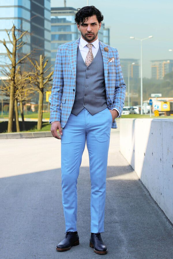 Gri Yelekli Slim Fit Ekose Açık Mavi Erkek Takım Elbise - Wessi