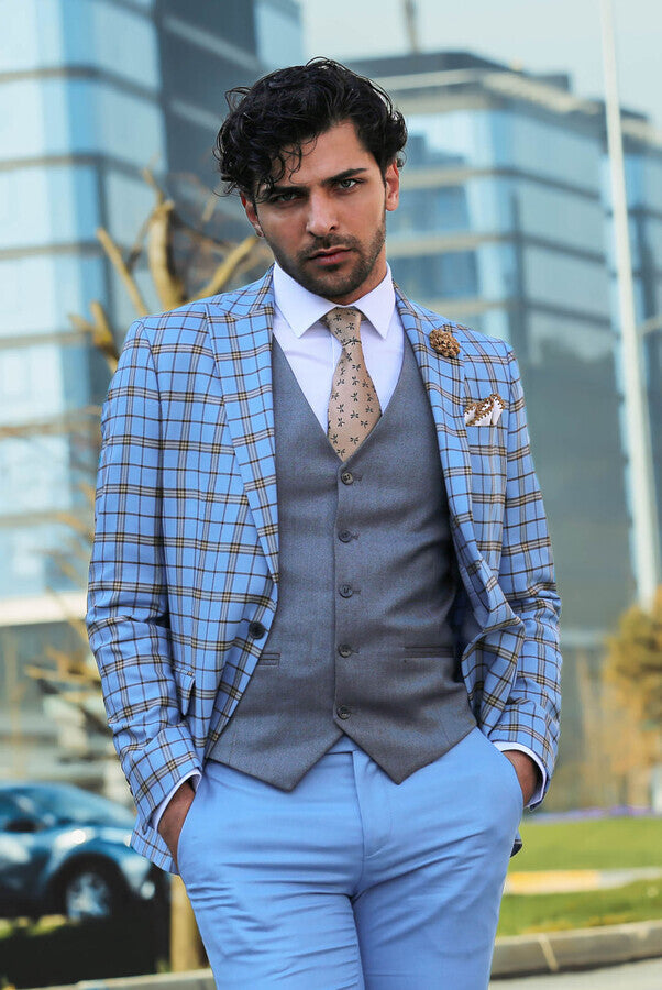 Gri Yelekli Slim Fit Ekose Açık Mavi Erkek Takım Elbise - Wessi
