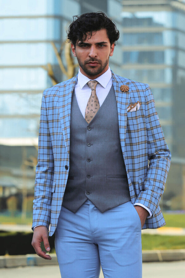 Gri Yelekli Slim Fit Ekose Açık Mavi Erkek Takım Elbise - Wessi