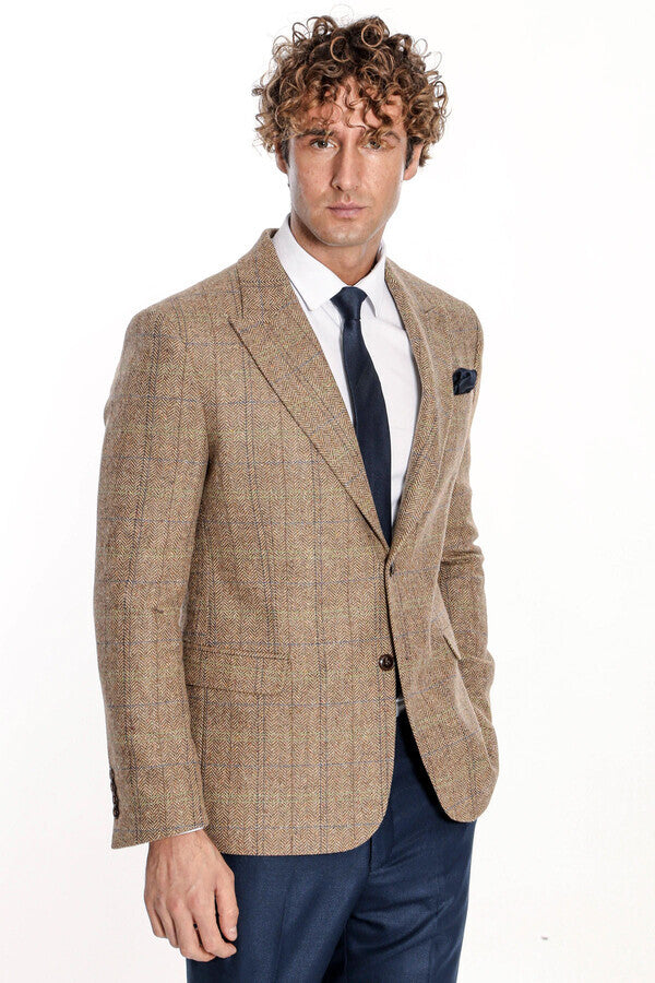 Balıksırtı Desen Slim Fit Yün Taba Erkek Ceket - Wessi