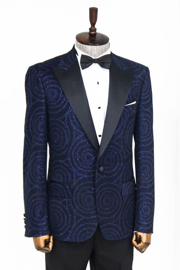 Hipnoz Desen Sivri Yaka Slim Fit Lacivert Erkek Smokin Ceket - Wessi
