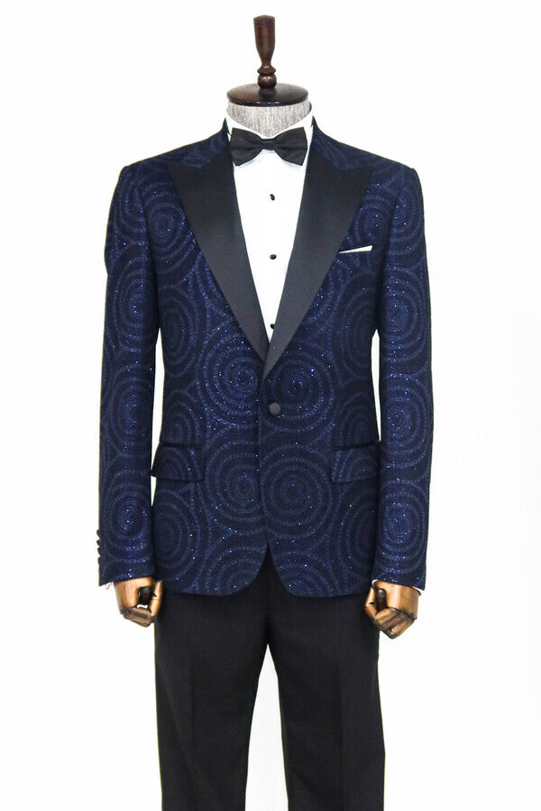 Hipnoz Desen Sivri Yaka Slim Fit Lacivert Erkek Smokin Ceket - Wessi