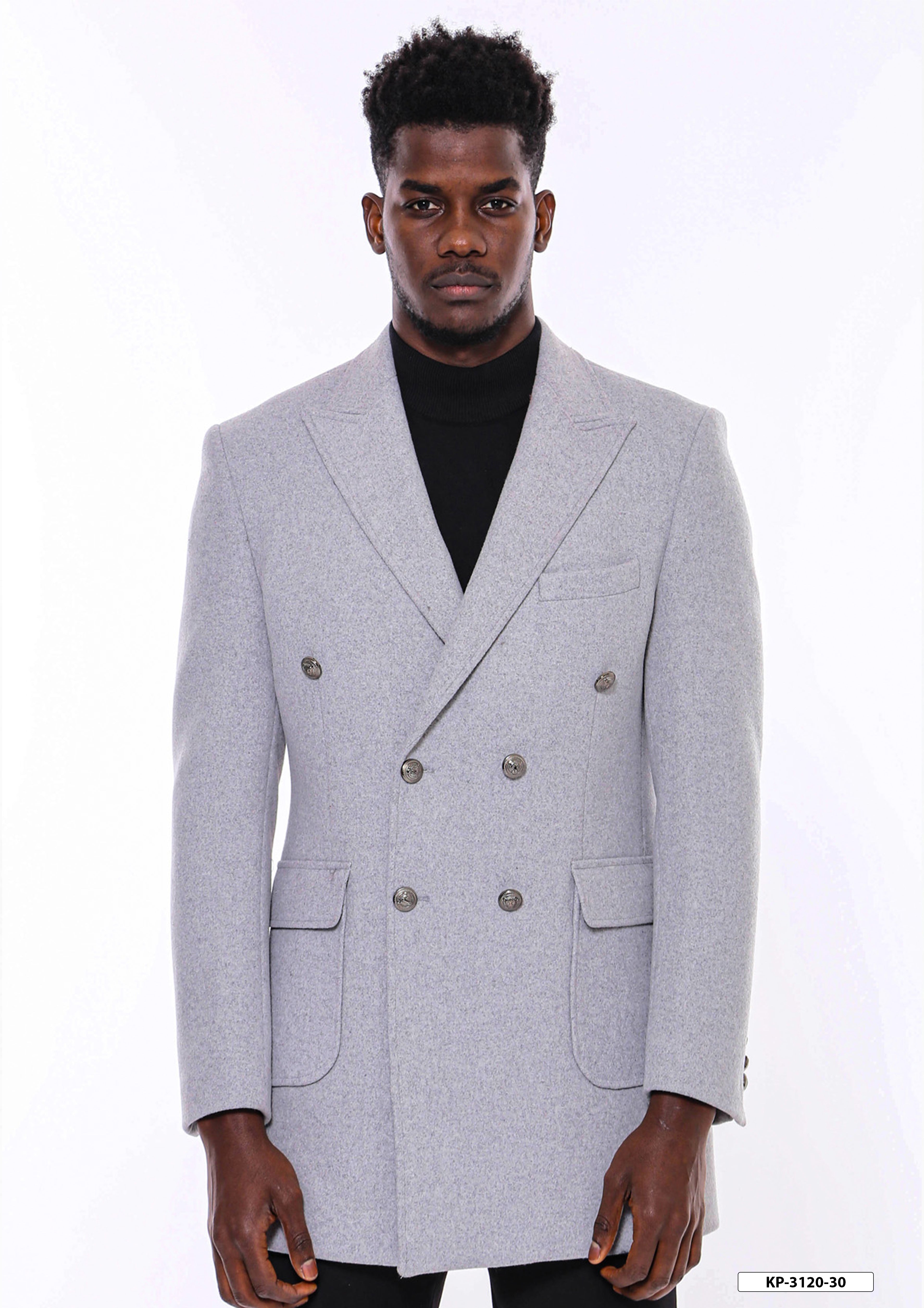 Gri Metal Düğmeli Kruvaze Kaban - Wessi