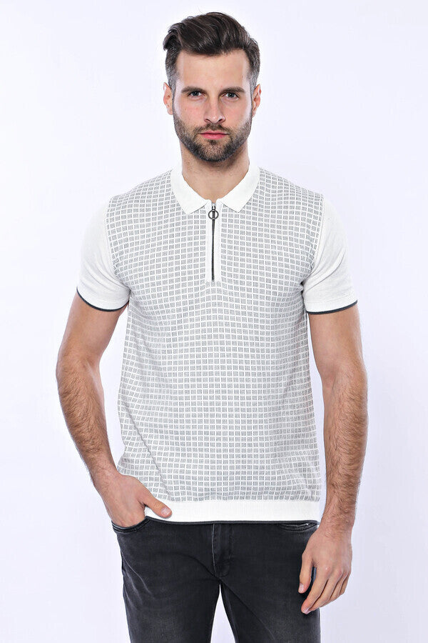 Polo Yaka Açık Gri Desenli Fermuarlı Örme T-shirt - Wessi