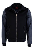 Sleeve Leather Detail Wool Navy Men's Bomber Jacket - Wessi