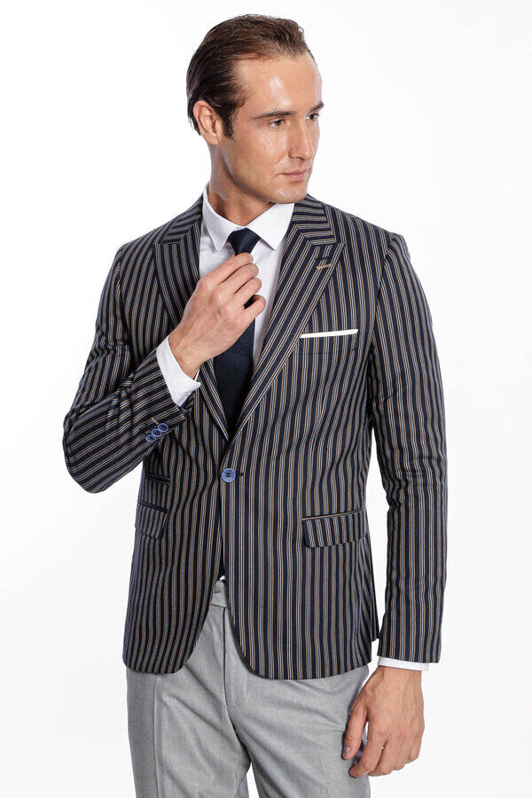 Çizgili Koyu Slim Fit Lacivert Erkek Ceket - Wessi