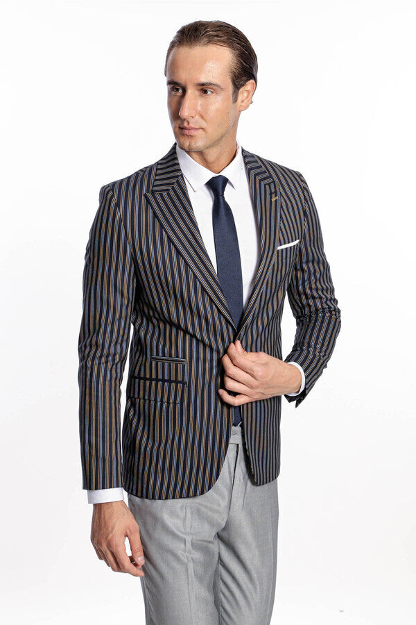 Çizgili Koyu Slim Fit Lacivert Erkek Ceket - Wessi